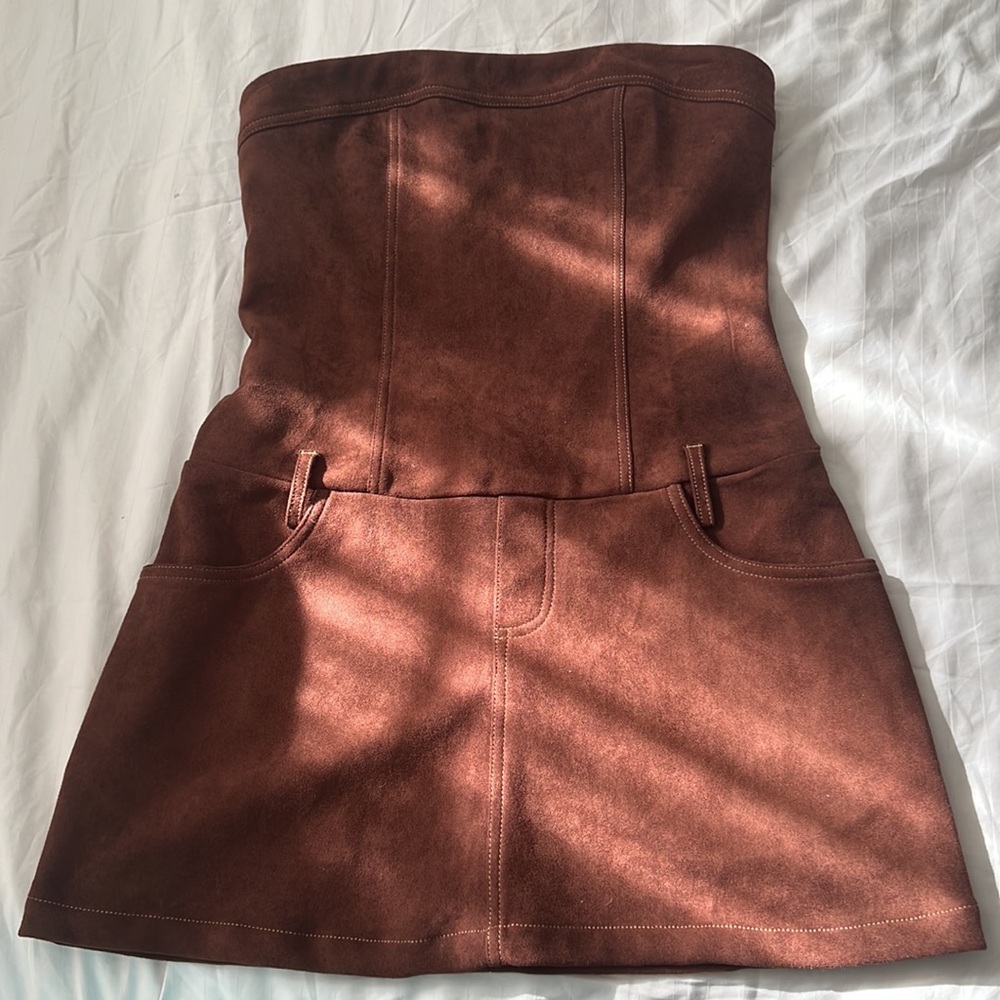 Cider Brown Ribbed Strapless Bodycon Dress